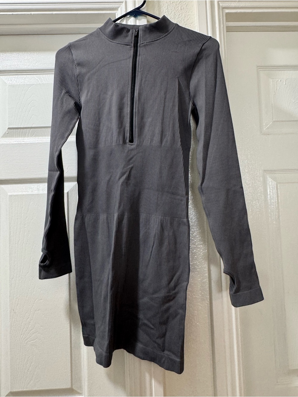 Long Sleeve Mock Neck Ribbed Mini Dress in Charcoal